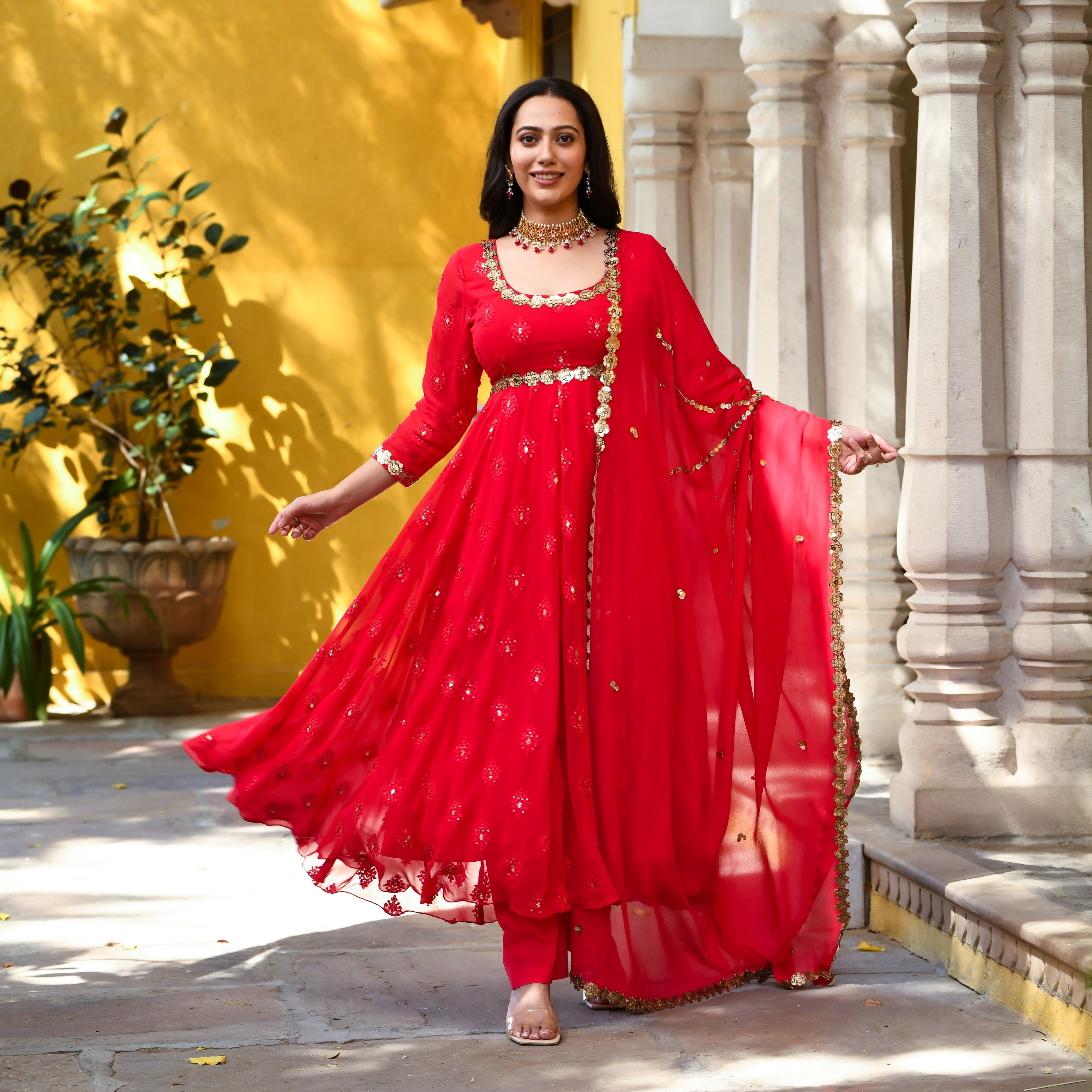 Rose Red Anarkali Heavy Silk Gown – Sulbha Fashions